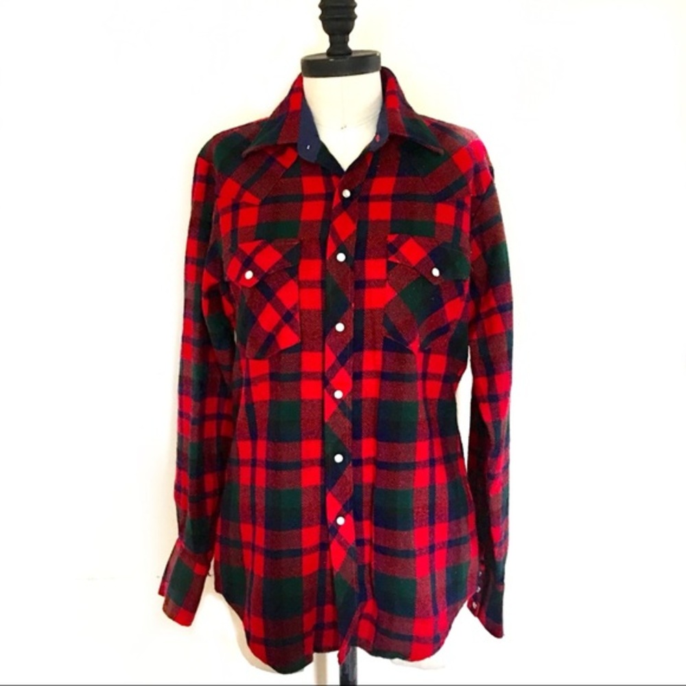 Vintage 70s Western Pearl Snap Christmas Tartan Plaid Flannel Shirt Shacket XS/S
